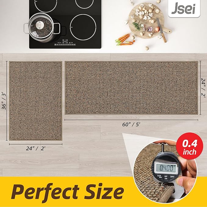 JSEI Kitchen Rugs and Mats, 2PCS Non-Slip Kitchen Mats for Floor, Machine Washable Absorbent and Stain Resistant Kitchen Runner, Carpet Mats with TPR Backing for, 24''x36''+24''x60'', Taupe