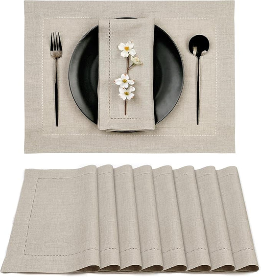 D'Moksha Homes Linen Placemats Set of 8 - Classic Hemstitch Natural Placemats 14 x 19 Inch - 100% Pure Linen Table Mats for Valentines, Spring, Easter - Handcrafted and Machine Washable