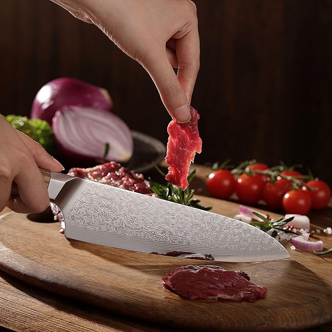 Wakoli Oribu Kiritsuke Chef's Knife I 20 cm blade made of 67 layers of Damascus steel, olive wood handle