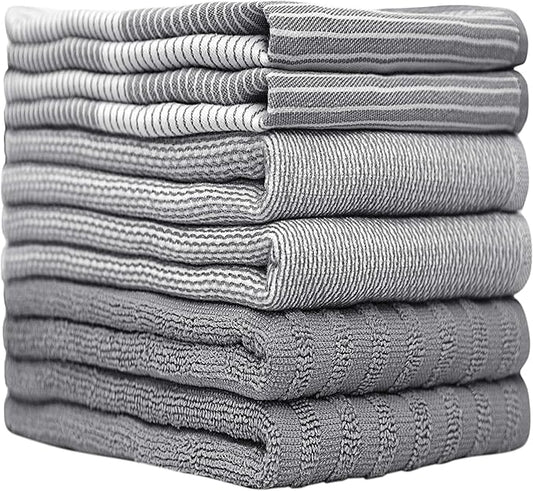 Premium Kitchen Towels (20”x 28”, 6 Pack) | Large Cotton Dish Towels | Flat & Terry Highly Absorbent Kitchen Linen Set with Hanging Loop | Gray