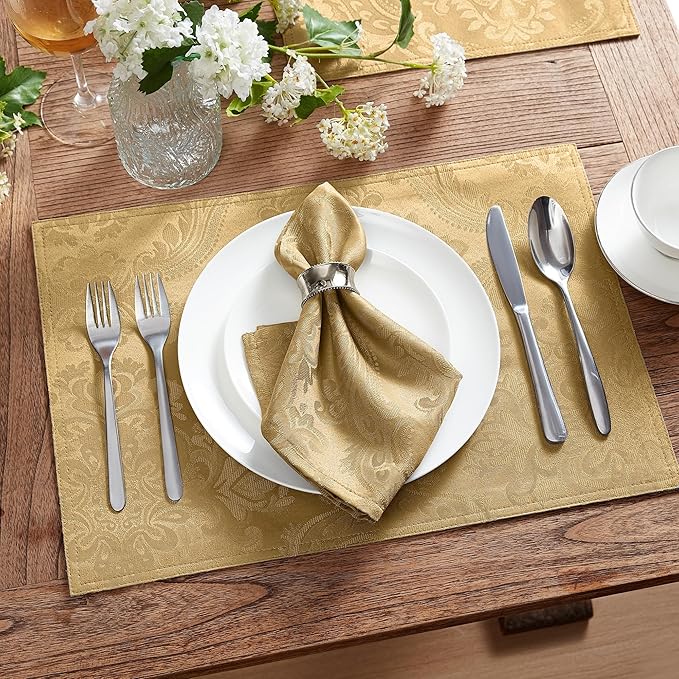 Elrene Home Fashions Caiden Elegance Damask Fabric Napkins (Set of 4), 17" x 17", Gold