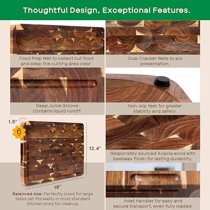 WoodSentials Evergreen End Grain Cutting Board for Kitchen - Large Heavy Duty 16x12.4x1.5" Acacia Wood Butcher Block with Feet - Reversible Charcuterie Meat & Cheese Board - Chef Quality Gift in Box