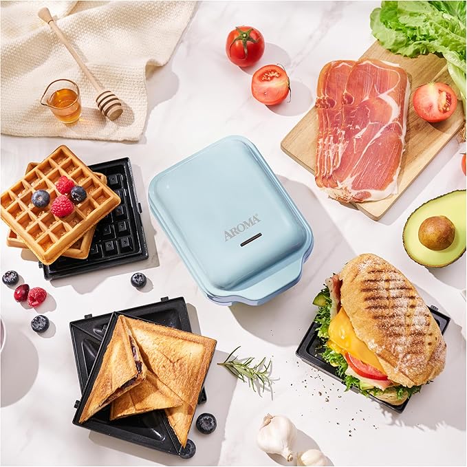 AROMA® 3-in-1 Panini Press, Sandwich Grill, and Waffle Maker with Removable Ceramic Coated Plates