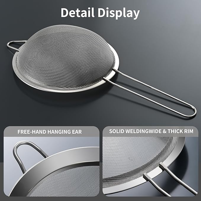 Fine Mesh Sieve Strainer Set, Stainless Steel, 6.3 and 3.94 Inch, with Grip Handles for Kitchen, Food Sifting, Noodles, Rice