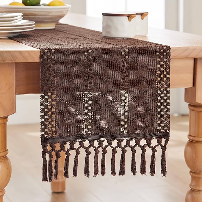ZeeMart Macrame Style Boho Table Runner, Dark Brown Table Runners 36 Inches Long, Farmhouse Woven Home Decor, 12x36 Inch, Chocolate