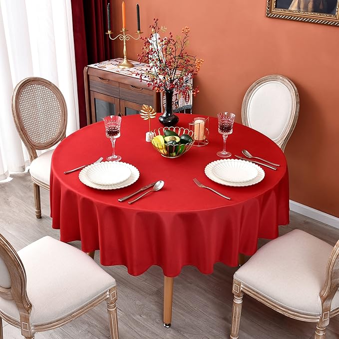 MEANMOY Red 210 GSM Water & Stain Resistant Round Tablecloth for Circle Table - Solid Small 48 Inch Table Cloth Cover in Wrinkle Free Durable Washable Polyester Fabric for Wedding, Party, Banquet