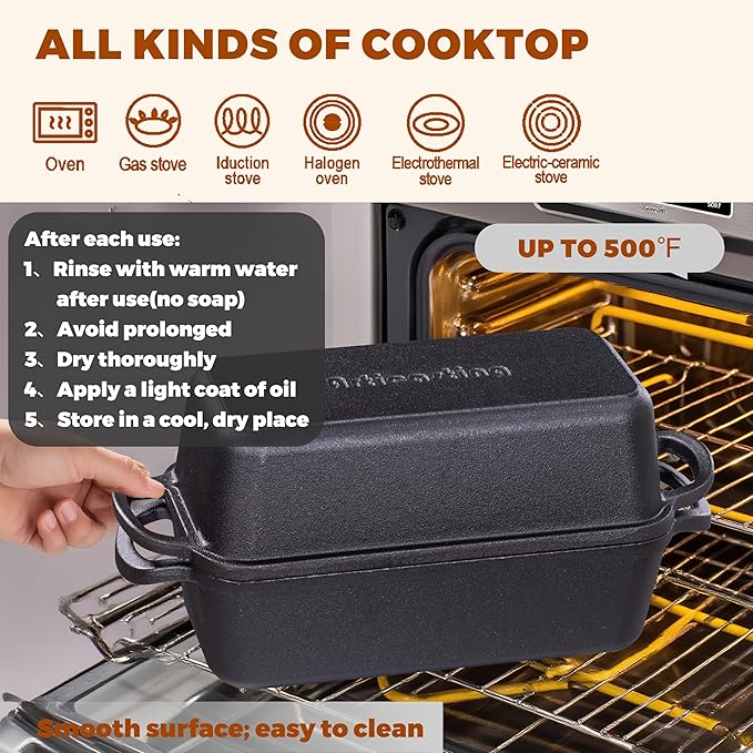 Articasting 11x5 Inch Cast Iron Bread Loaf Pan With Lid，5.8 Qt Large Loaf Pan For Sourdough Bread Baking, Pre-Seasoned Heavy Duty Dutch Oven Bread Pan For a Crispy Crust