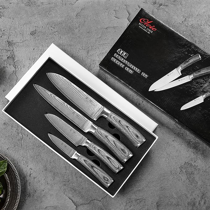 Wakoli EDIS 4-Piece Damascus Knife Set – Professional Kitchen Knife Set with VG10 Core Blades, 67-Layer Damascus Steel and Ergonomic Pakkawood Handles – Premium Kitchen Knives in Gift Box