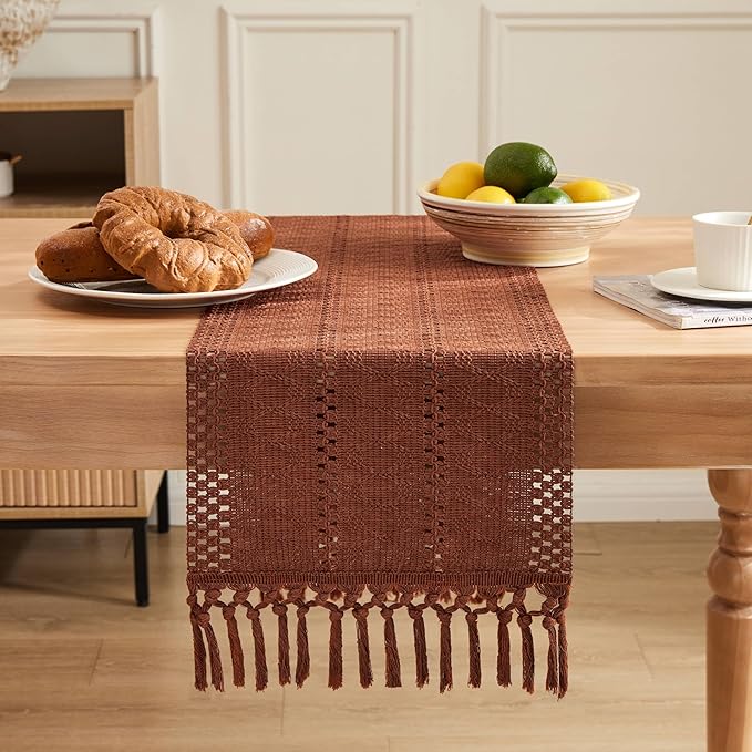 ZeeMart Macrame Style Boho Table Runner, Terracotta Table Runners 36 Inches Long, Farmhouse Woven Home Decor, 12x36 Inch, Terracotta