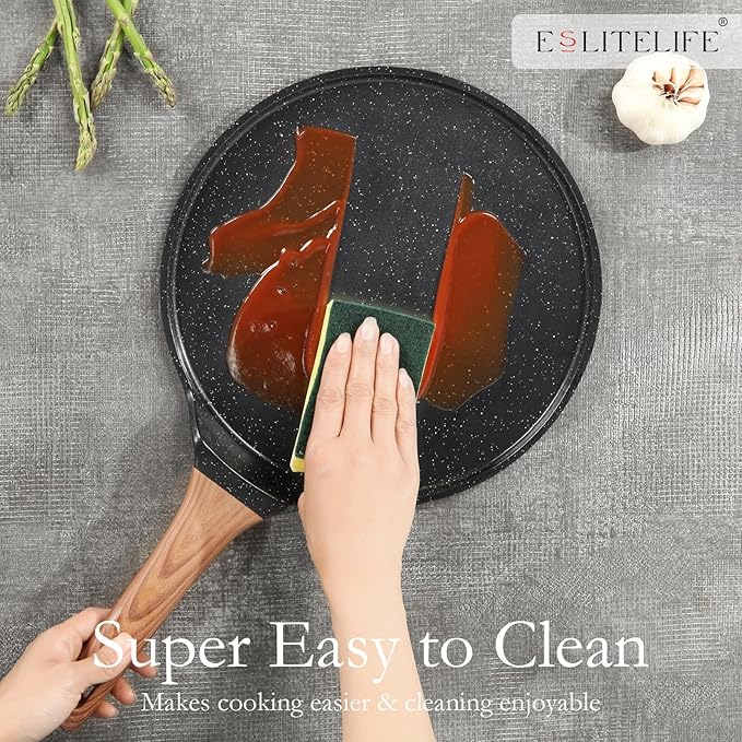 ESLITE LIFE 11 Inch Crepe Pan with Spreader, Nonstick Granite Coating Dosa Pan, Roti Tawa Comal Para Tortillas Pancake Griddle Pan, Induction Compatible, PTFE & PFOA Free, Black