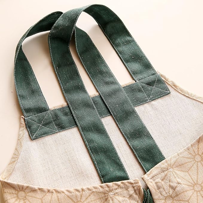 patdrea Blue Floral Linen Apron with Pocket,French Kitchen Garden Chef BBQ Aprons for Women and Men,Crisscross Back Straps