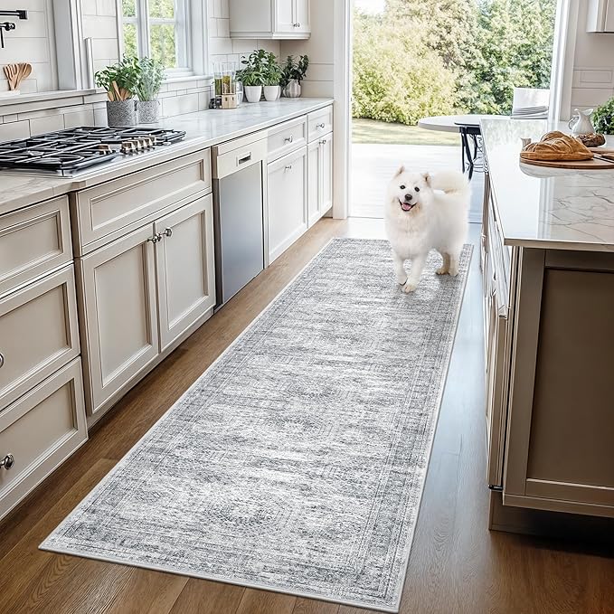 3x8 Runner Rug Non Slip Washable for Entryway, Vintage Hallway Runner for Front Porch, Laundry Room, Bedroom, Abstract Stain Resistant Thin Indoor Kitchen Mats for Floor(3'x8', Grey/Ivory)