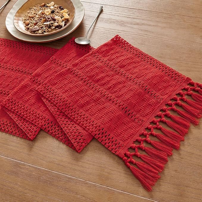 ZeeMart Macrame Style Boho Table Runner, Red Table Runners 36 Inches Long, Farmhouse Woven Home Decor, 12x36 Inch, Red