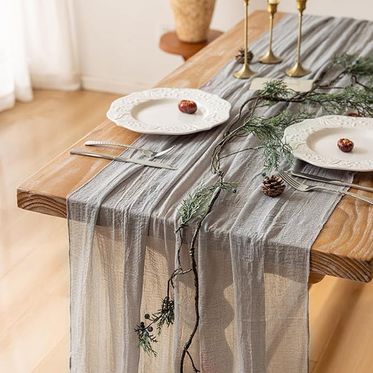 Keketoarrange 6pcs Grey Gauze Rustic Cheesecloth Table Runner 120 Inch 10 FT for Wedding Baby Shower Bridal Shower Birthday Engagement Garden Outdoor Party Long Sheer Boho Decorations
