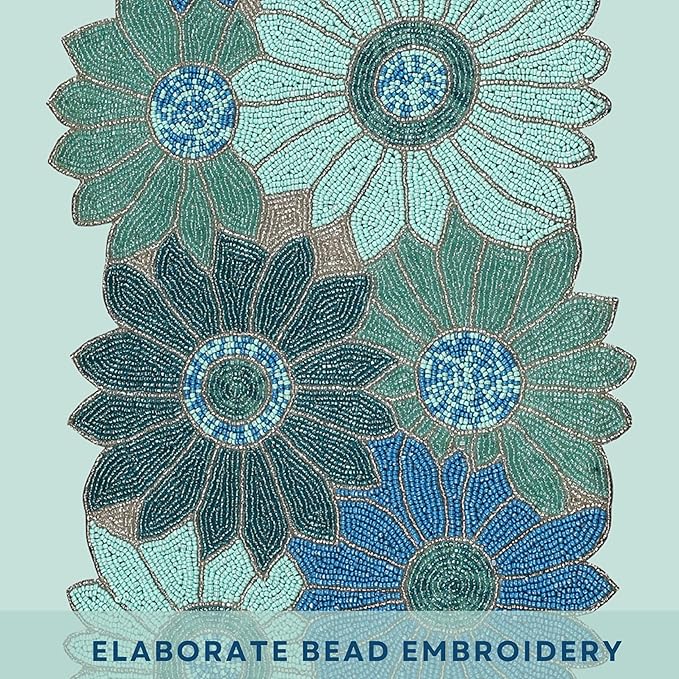 ALPHA Living HOME Bedaed Table Runner- 13x36 Glitz Décor for Farmhouse, Bridal, and Holiday Celebrations Luxury Dining Table Accent, Rustic Chic, Artisan-Made, Modern Floral (Blue)