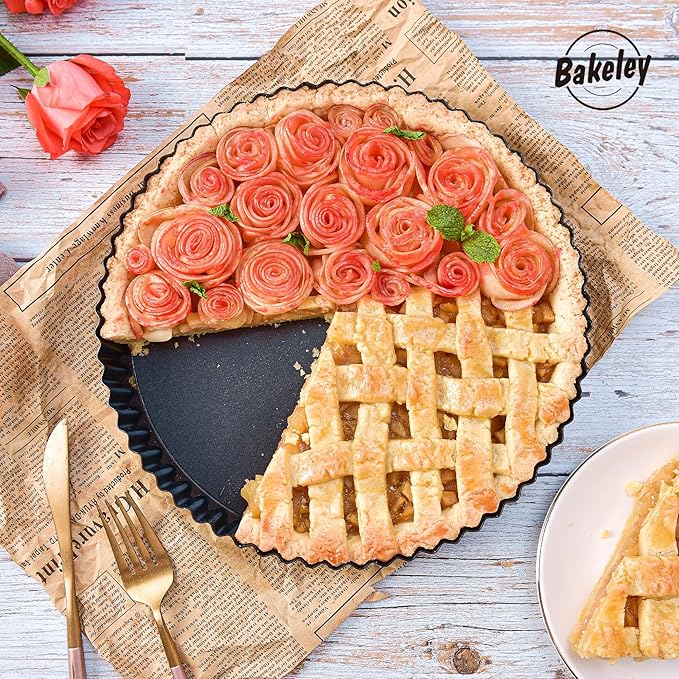 Bakeley 11-Inch Round Tart Pan with Loose Removable Bottom, Non-Stick Carbon Steel Quiche Pan for Oven Baking (Black)