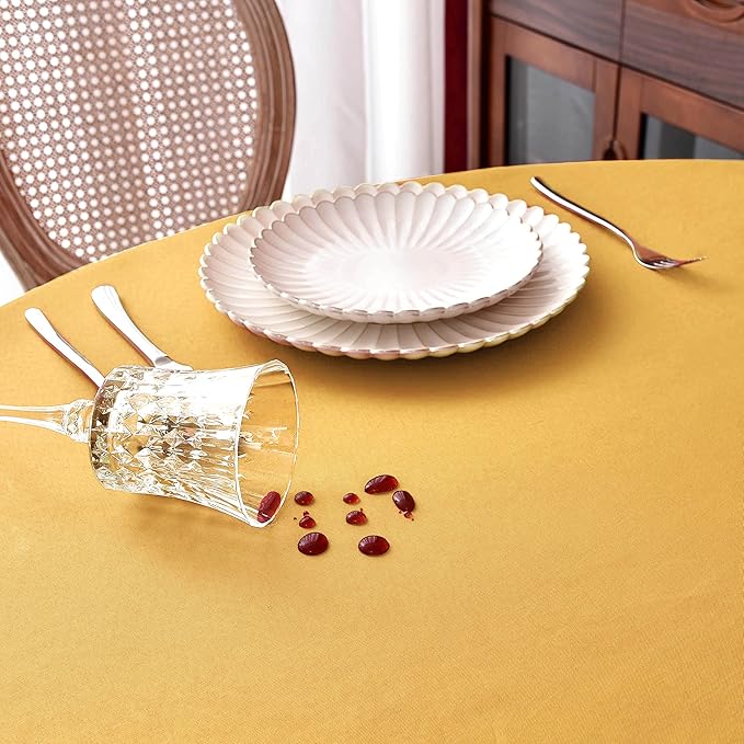 MEANMOY Gold 210 GSM Water & Stain Resistant Round Tablecloth for Circle Table - Solid 70 Inch Table Cloth Cover in Wrinkle Free Durable Washable Polyester Fabric for Wedding, Party, Banquet