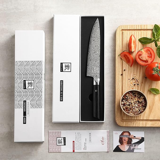 zayiko Black Edition Damascus Knife Gyuto I 20 cm blade made of 67 layers of VG10 Damascus steel I Ergonomic Pakkawood handle I Professional kitchen knife for meat, fish & vegetables I In a gift box
