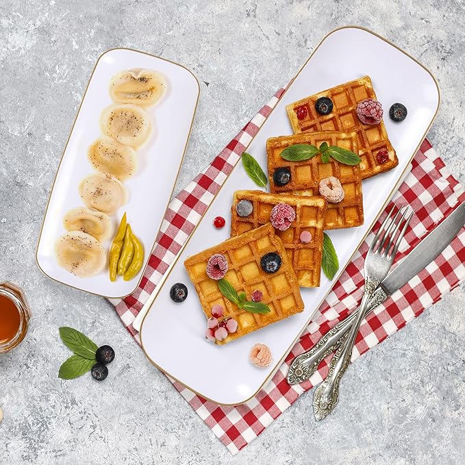 R-kay 4 Pack Gold Rim Plastic Serving Trays - 10 by 5.5 in Heavy Duty Rectangular Platters for Food and Desserts - Premium White Party Trays