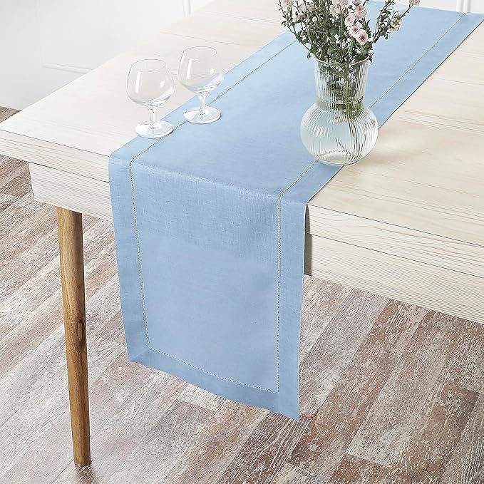 D'Moksha Homes Linen Powder Blue Table Runner 60 Inches - Classic Hemstitch, 100% Pure Linen Coffee Table Runner 14 x 60 Inch Ideal for Dresser Tables - Spring, Easter