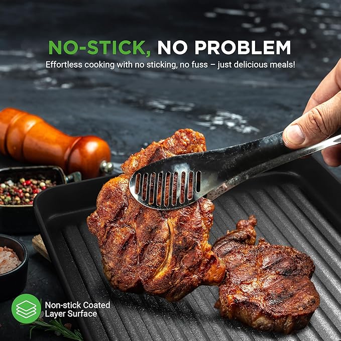 NutriChef 11’’ Nonstick Griddle & Grill Pan – Dishwasher Safe, PFOA-Free, Even Heat Distribution, Compatible with Gas, Ceramic, and Halogen Cooktops, Sturdy Handles for Easy Grip, Hard-Anodized Pan