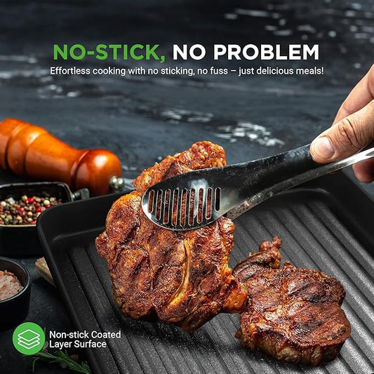 NutriChef 11’’ Nonstick Griddle & Grill Pan – Dishwasher Safe, PFOA-Free, Even Heat Distribution, Compatible with Gas, Ceramic, and Halogen Cooktops, Sturdy Handles for Easy Grip, Hard-Anodized Pan