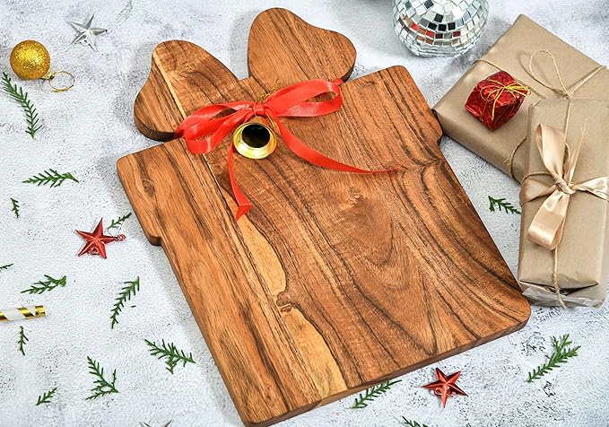 Treen Art Wooden Christmas Cutting Board for Kitchen Decor, 14"L x 10"W Gift Box Shaped Acacia Wood Chopping Board with Handle, Serving Charcuterie Platter