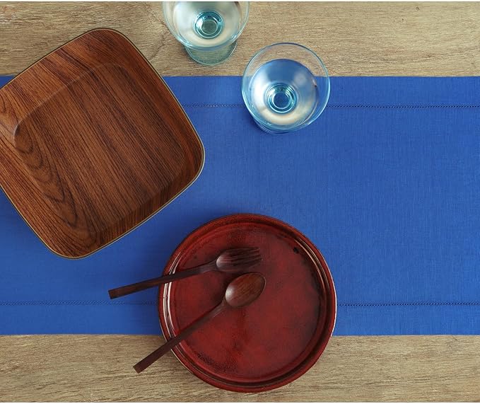 Solino Home Linen Royal Blue Table Runner 90 Inches Long - 100% Pure Linen 14 x 90 Inch Table Runner for Spring - Classic Hemstitch