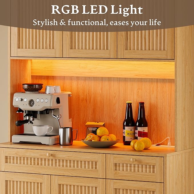 Pantry Cabinet with Charging Station and Light, Tall Kitchen Pantry Storage Cabinet with Microwave Stand, Wide Fluted Kitchen Hutch with Storage Drawers and Adjustable Shelves for Dining Room