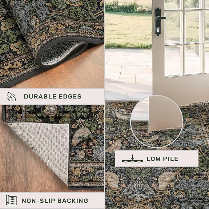 12ft Extra Long Vintage Runner Rugs for Hallways - 3x12 Wide Kitchen Runners, Entryway Rug, with Flowers and Leaves, Washable Non Slip Low Pile