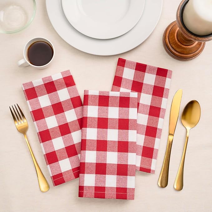Blue Needles Gingham Buffalo Plaid Cloth Napkins 100% Cotton Set of 12 Dinner Table Napkins 18x18 inch Soft, Reusable, Washable Perfect for Valentine's Day Parties & Everyday Use - Red & White