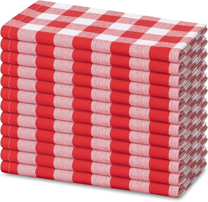 Blue Needles Gingham Buffalo Plaid Cloth Napkins 100% Cotton Set of 12 Dinner Table Napkins 18x18 inch Soft, Reusable, Washable Perfect for Valentine's Day Parties & Everyday Use - Red & White