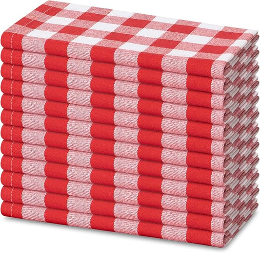 Blue Needles Gingham Buffalo Plaid Cloth Napkins 100% Cotton Set of 12 Dinner Table Napkins 18x18 inch Soft, Reusable, Washable Perfect for Valentine's Day Parties & Everyday Use - Red & White