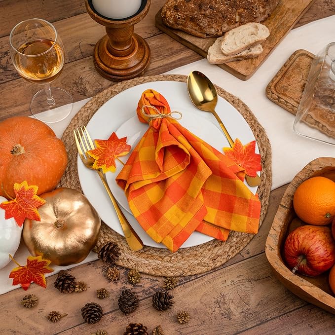 Blue Needles Gingham Buffalo Plaid Cloth Napkins 100% Cotton Set of 12 Dinner Table Napkins 18x18 inch Soft, Reusable, Washable for Wedding Parties & Everyday Use - Orange & Golden Yellow