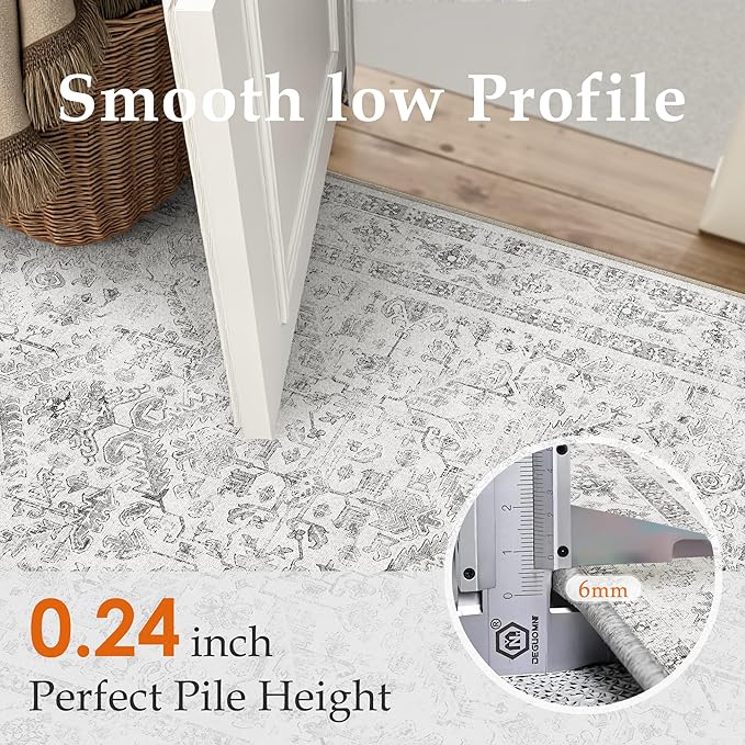Grey 2x6 Runner Rug Vintage Area Carpet Hallway Indoor Kitchen Washable Low Pile Traditional Distressed Retro Accent Throw Rug Non Slip for Laundry Bathroom Office