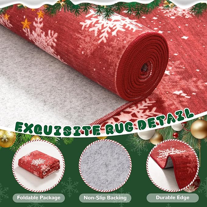 3x8 Runner Rug Non Slip for Hallway, Washable Christmas Rugs for Living Room, Ultra-Thin Snowflake Bathroom Rug Runner, Soft Red and White Christmas Decor Indoor(3'x8', Red/White)