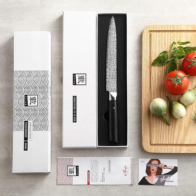 zayiko Carving Knife, 8.3-inch Blade Damascus Chef Knife made of 67 Layers Damascus Steel with VG10 Core, Sharp Kitchen Knives with Black Walnut Wood Handle, Boning Knife for Meat Cutting in Gift Box