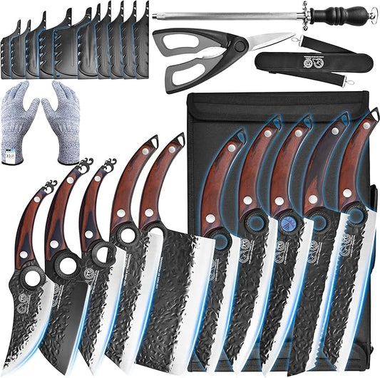 XYJ Professional Kitchen Knife Set with High-Carbon Steel Forged Blades, Chef's Knife, Cleaver, Carving Knife, Nakiri, Full Tang Design, Includes Carrying Bag & Poultry Scissors
