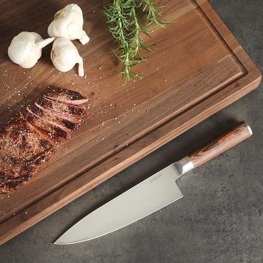 Babish 8-Inch Chef Knife – High-Carbon 1.4116 German Steel Kitchen Knife with Dark Pakka Wood Handle, Full-Tang Razor Sharp Chef’s Blade for Chopping, Slicing, Dicing & Everyday Prep
