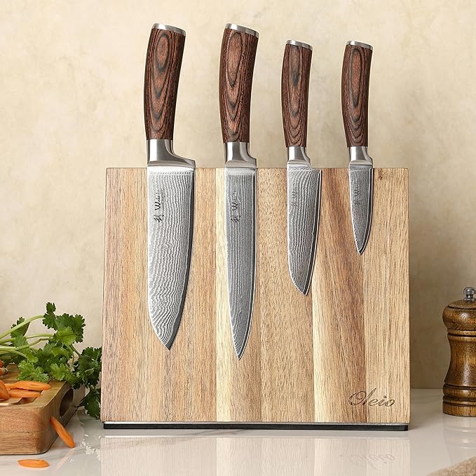 Wakoli EDIB 4-Piece Damascus Knife Block Set – Professional Kitchen Knives with Magnetic Acacia Block, 67-Layer Damascus Steel Blades and Ergonomic Pakkawood Handles – Premium Knife Set with Block