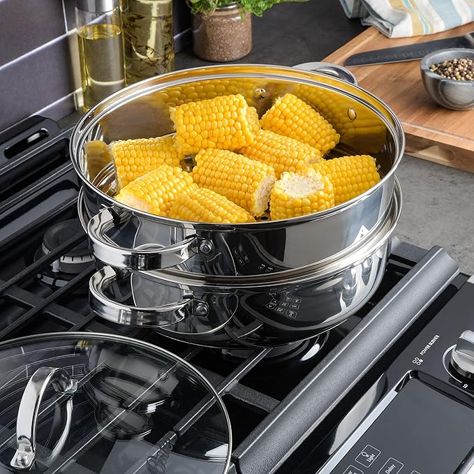 Oster Sangerfield 11-Inch Stainless Steel Everyday Cookware Pan with Steamer and Lid – Durable Nonstick Frying Skillet for Kitchen Cooking