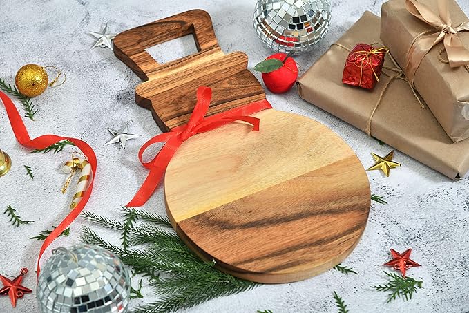 Treen Art Wooden Christmas Cutting Board for Kitchen Decor, 14"L x 8"W Snowman Shaped Acacia Wood Chopping Board with Handle, Serving Charcuterie Platter