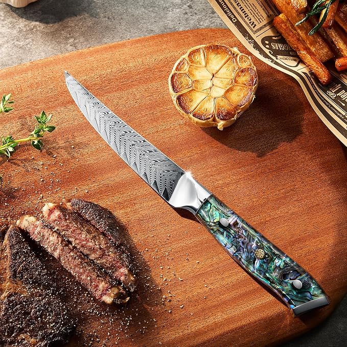 SENKEN 4-Piece Damascus Steak Knife Set, Non-Serrated Blades, Real Abalone Shell Handle, "Umi" Collection Japanese Straight-Edge Steak Knives, Japanese VG10 Steel 67-Layer Damascus