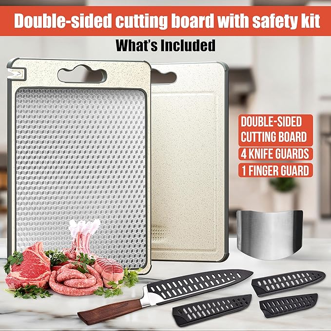 Pure 316 Stainless Steel Cutting Board Full Kit | Non-Toxic Scratch Resistant Chopping Boards for Kitchen | Dual Sided Metal & Wheat Straw with Knife Guards & Sharpener, Finger Guard, Juice Groove