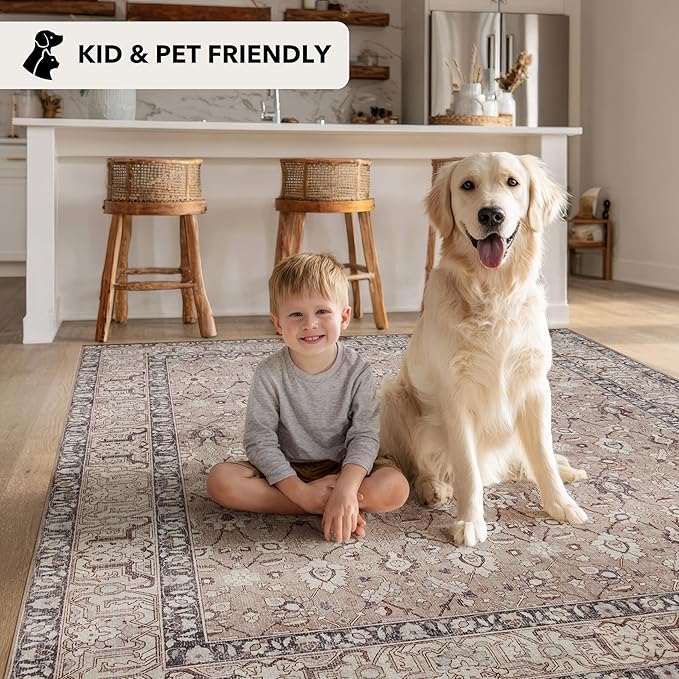 Kuden 8x10 Large Area Rug, Machine Washable Area Rug with Non-Slip Backing, Vintage Style, Soft, Easy Clean, Low Pile Rug for Living Room, Bedroom, Dining Room