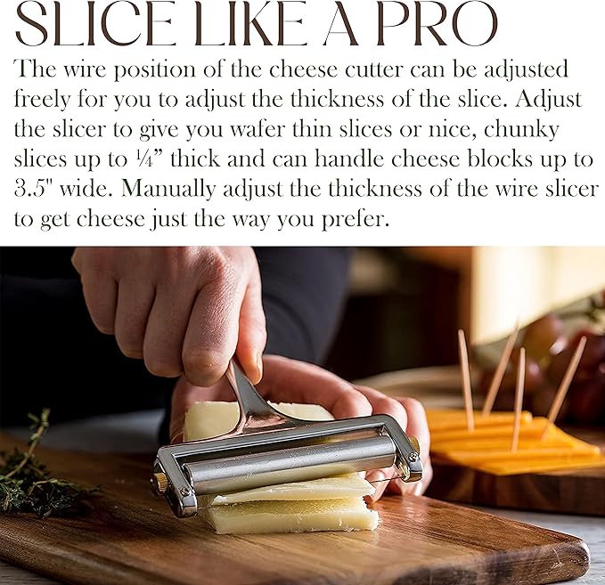 Bellemain Stainless Steel Wire Cheese Slicer - Hand Held Cutter for Cheddar, Gruyere, Raclette, Mozzarella Block, Adjustable Shaver, Thick & Thin Slicer, Curler (Silver)