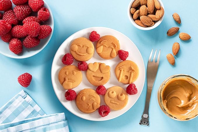 Mini Emojis Waffle Maker for Valentine's Day Breakfast- Make 7 Unique Smiley Face Waffles Pancakes for Kids- Electric Non-Stick Iron Feat Kiss Face Heart Eyes & Smile w Recipe Guide- Licensed by Emoji