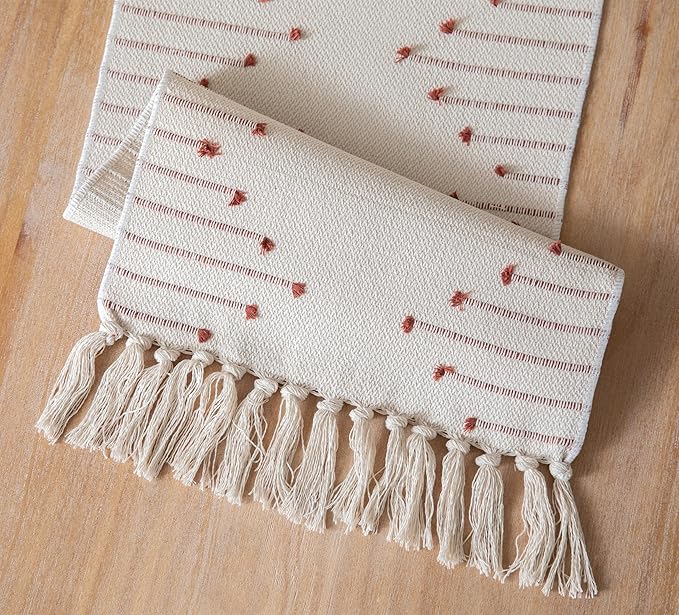 Boho Table Runner 13 x 72 Inch Long Natural Cotton Woven Runner with Tassels for Fall Home Dining Table décor, for Modern Farmhouse Decor Coffee Table Runner, Rust and Beige