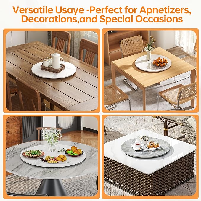 Lazy Susan Turntable 35.4 Inch - 360° Silent Rotating Anti-Slip Serving Tray, Heavy Duty Centerpiece for Kitchen, Dining & Coffee Table - White Modern Design with Non-Slip Base