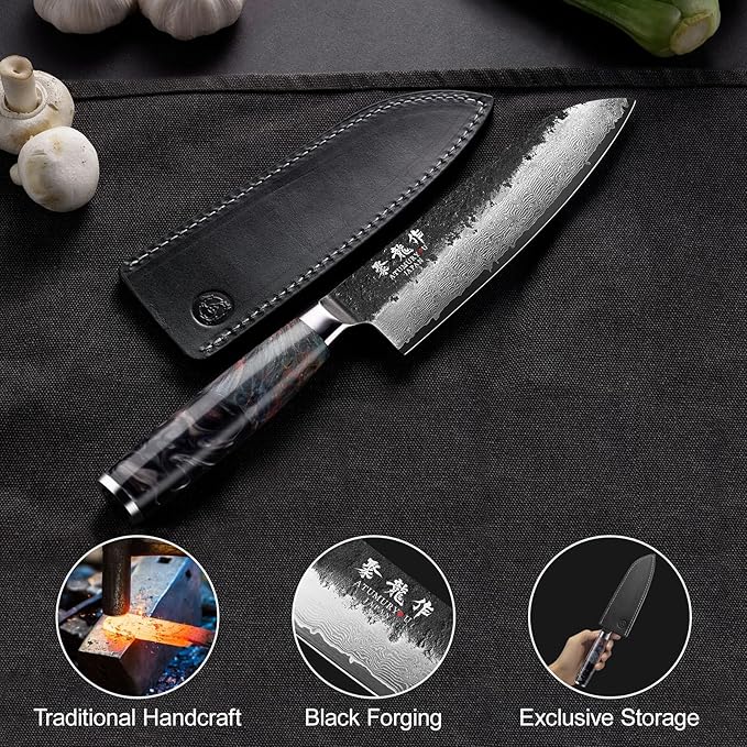 7 Inch Japanese Chef knife, 67 Layers Damascus Chef Knife with VG10 Steel Core, Professional Santoku Kitchen Knives with Ergonomic Handle, Leather Sheath & Luxury Gift Box, Cooking Gifts for Women